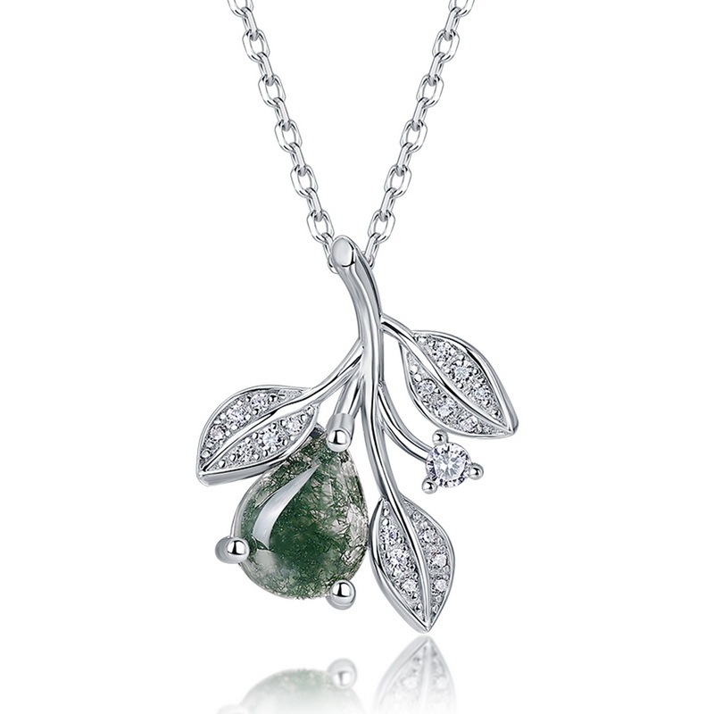 Sotiya Leaf Design Pear Cut Green Moss Agate Necklace Sterling Silver-Sotiya