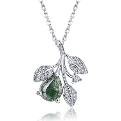 Sotiya Leaf Design Pear Cut Green Moss Agate Necklace Sterling Silver-Sotiya
