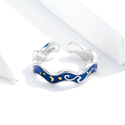 Sotiya Artist Collection Famous Painting Starry Night Inspired Enamel Open Ring Sterling Silver-Sotiya