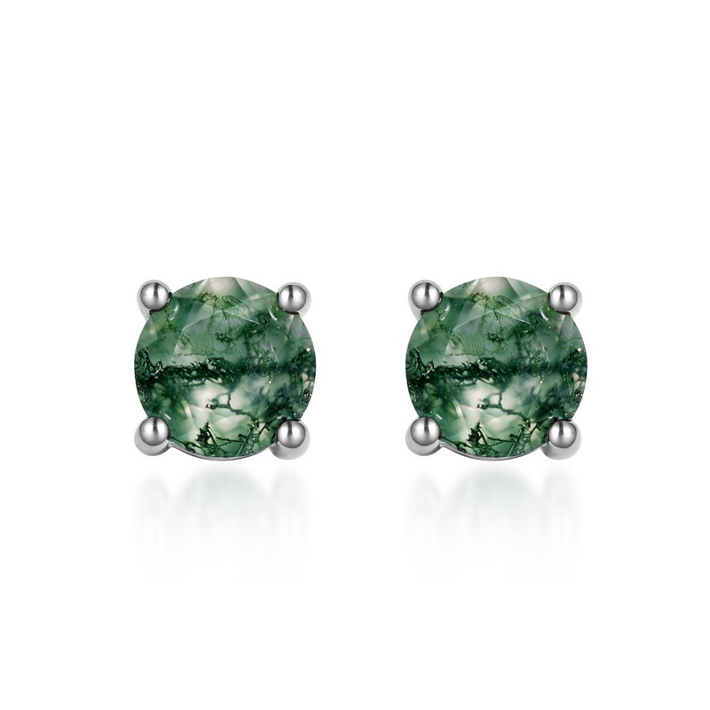 Sotiya Round Cut Green Moss Agate Stud Earrings Sterling Silver-Sotiya