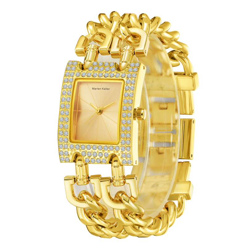 Sotiya Square Dial Quartz Movement Gold Watch with Chain Link Strap-Sotiya