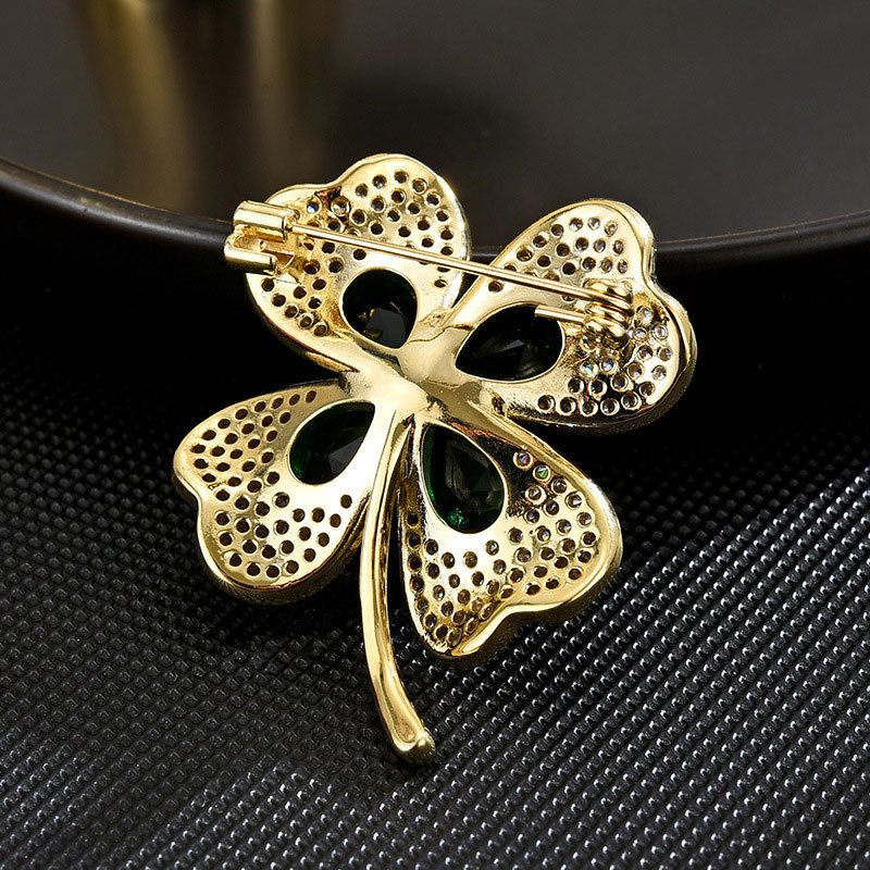 Sotiya Four Leaf Clover Pear Cut Emerald Green Brooch-Sotiya