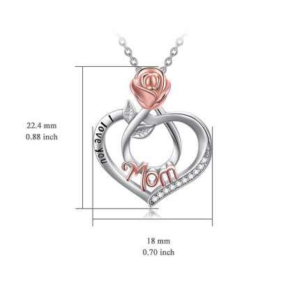 Sotiya Heart-shaped Mom Engraved Rose Pendant Necklace Sterling Silver-Sotiya