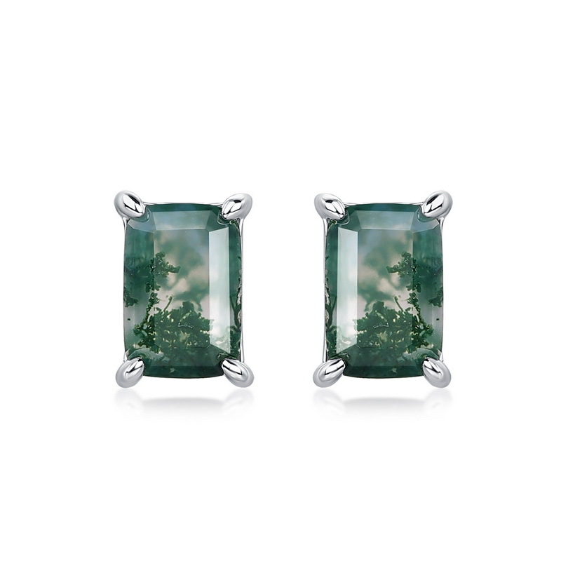 Sotiya Emerald Cut Green Moss Agate Stud Earrings Sterling Silver-Sotiya