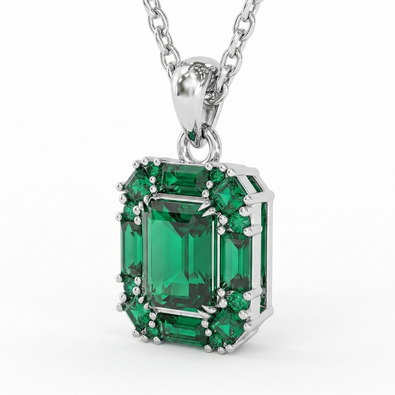 Sotiya Halo Radiant Cut Emerald Green Necklace Sterling Silver