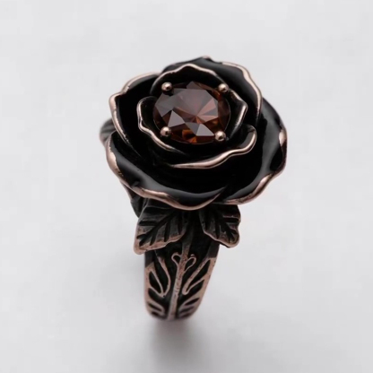 Sotiya Gothic Flower Black Enamel Round Cut Coffee Cocktail Ring Sterling Silver-Sotiya
