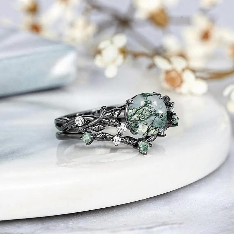 Sotiya Nature Inspired Round Cut Green Moss Agate Wedding Bridal Ring Set Sterling Silver-Sotiya