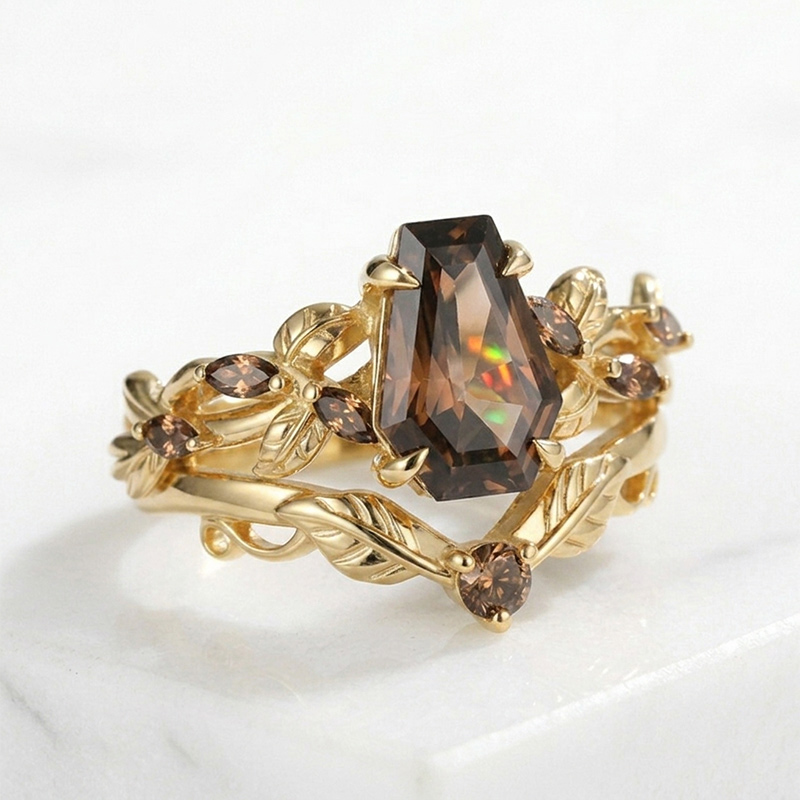 Sotiya Vintage Nature Inspired Coffin Cut Coffee Wedding Bridal Ring Set Sterling Silver