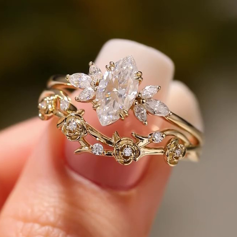 Sotiya Vintage Floral Marquise Cut Wedding Bridal Ring Set Sterling Silver-Sotiya