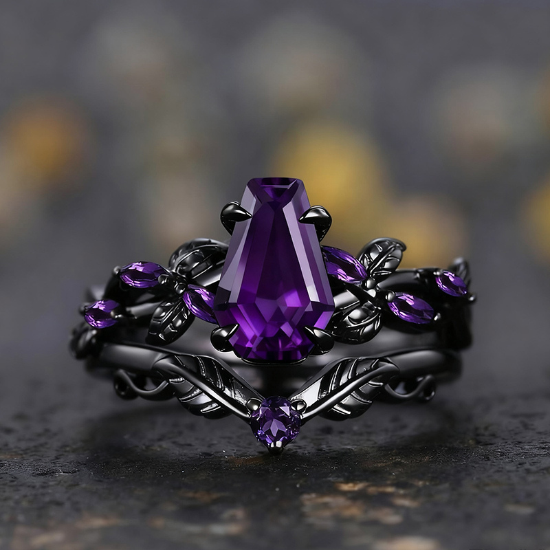Sotiya Vintage Amethyst Nature Inspired Coffin Cut Wedding Bridal Ring Set Sterling Silver-Sotiya