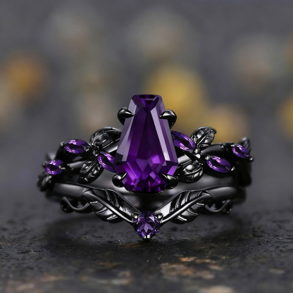 Sotiya Vintage Amethyst Nature Inspired Coffin Cut Wedding Bridal Ring Set Sterling Silver-Sotiya