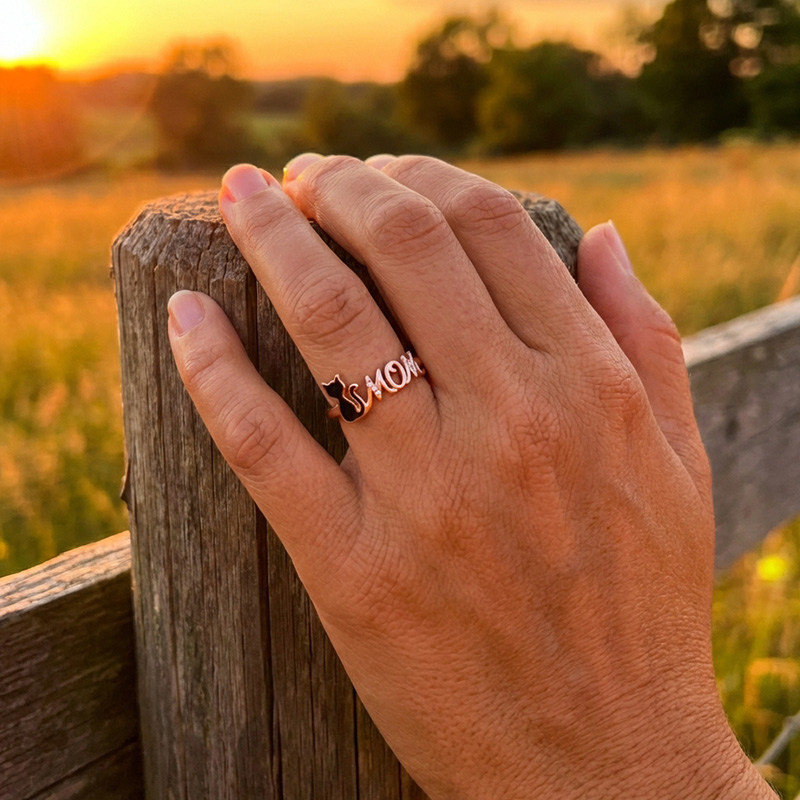Sotiya Black Cat "MOM" Enamel Ring Sterling Silver-Sotiya
