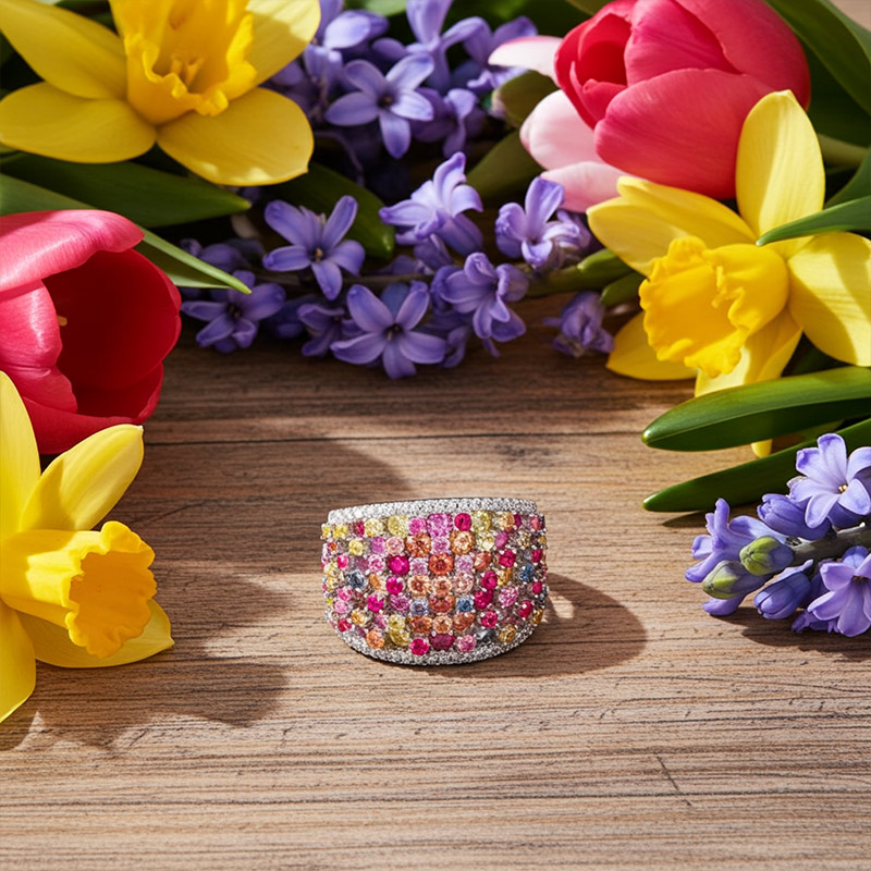 Sotiya Multi Colored Round Cut Wide Band Women's Wedding Ring Sterling Silver