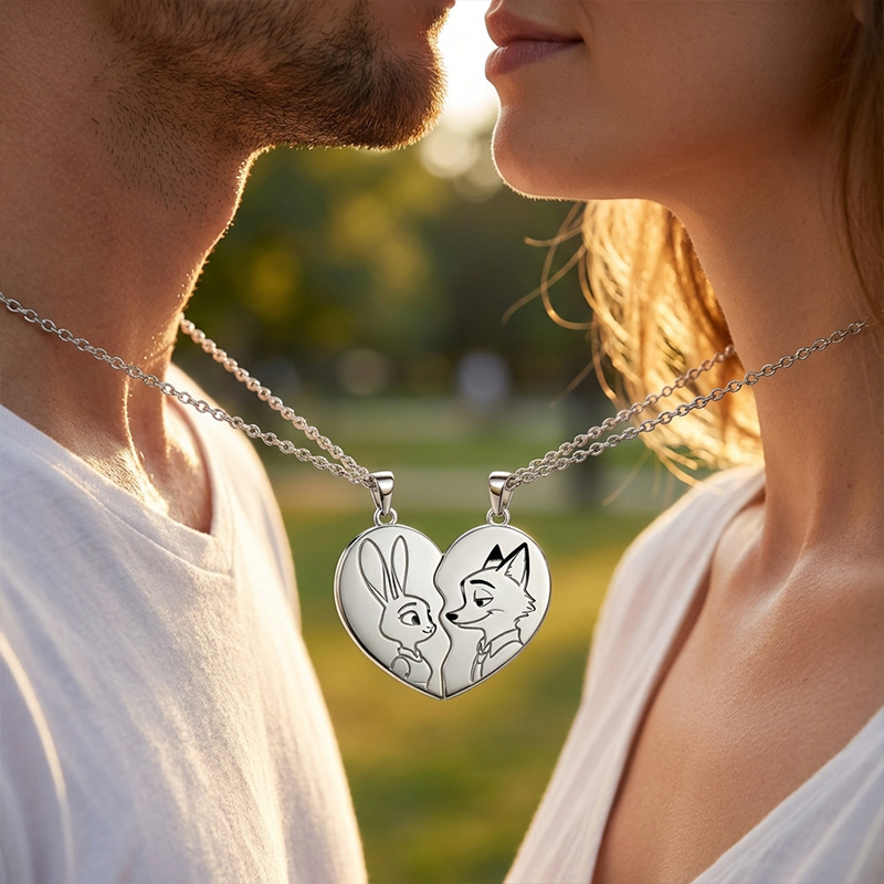 Animal City Bunny and Fox Inspired Couple Heart Necklace-Sotiya