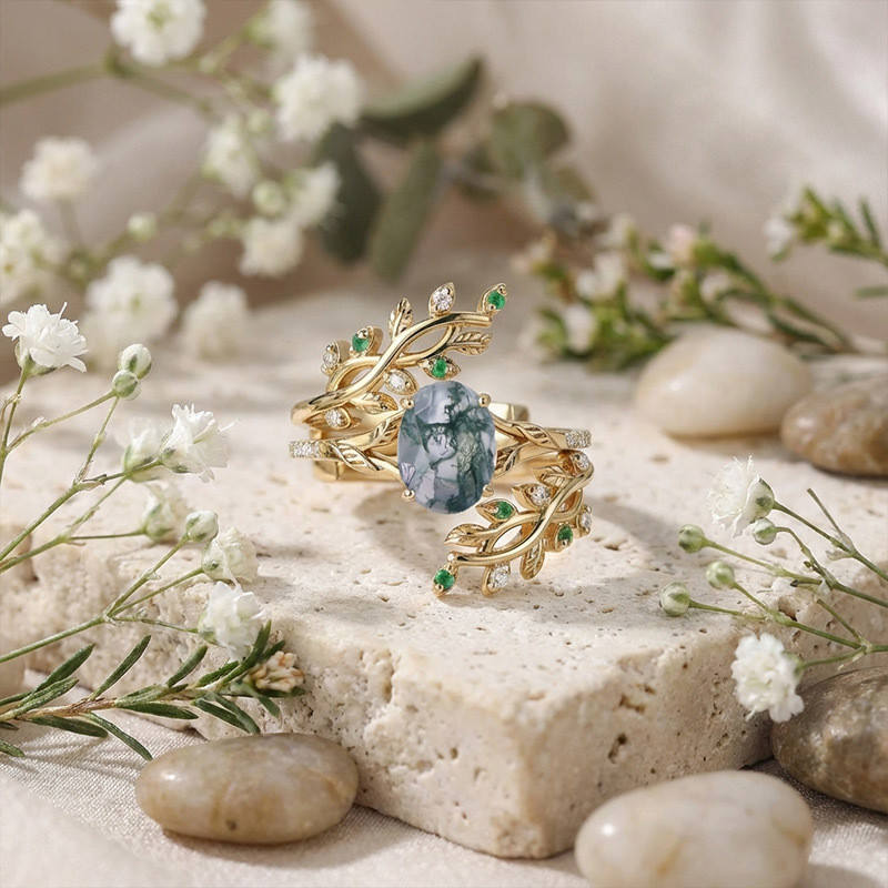 Sotiya Oval Cut Moss Agate Vine Leaf Design Wedding Bridal Ring Set Sterling Silver-Sotiya