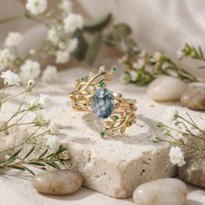 Sotiya Oval Cut Moss Agate Vine Leaf Design Wedding Bridal Ring Set Sterling Silver-Sotiya