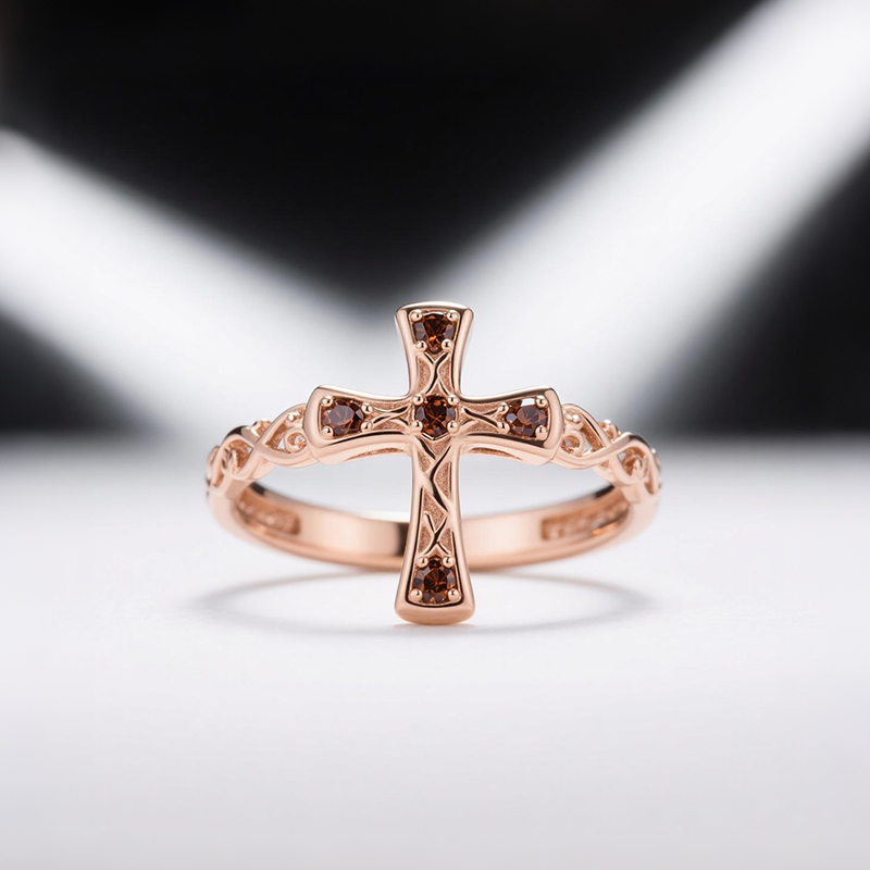 Sotiya Cross Design Faith Round Cut Coffee Cocktail Ring Sterling Silver-Sotiya