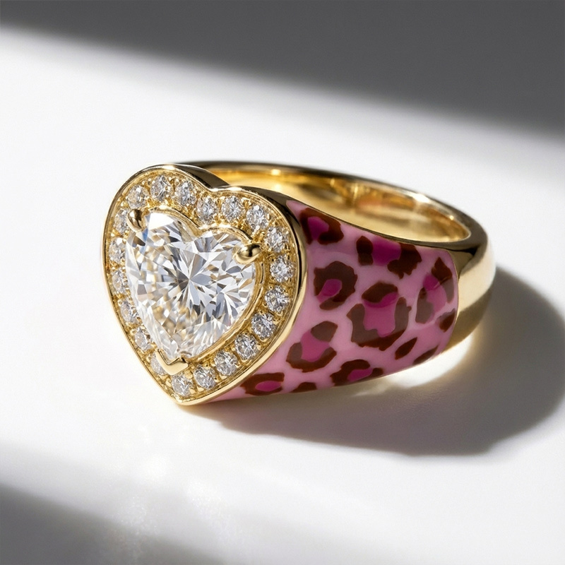 Sotiya Halo Heart Cut Leopard Print Pink Enamel Ring Sterling Silver-Sotiya