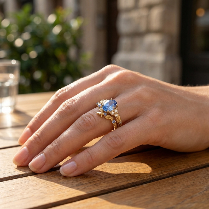 Sotiya Leaf Cluster Aquamarine Blue Oval Fantasy Starbrite Cut Wedding Bridal Ring Set Sterling Silver-Sotiya