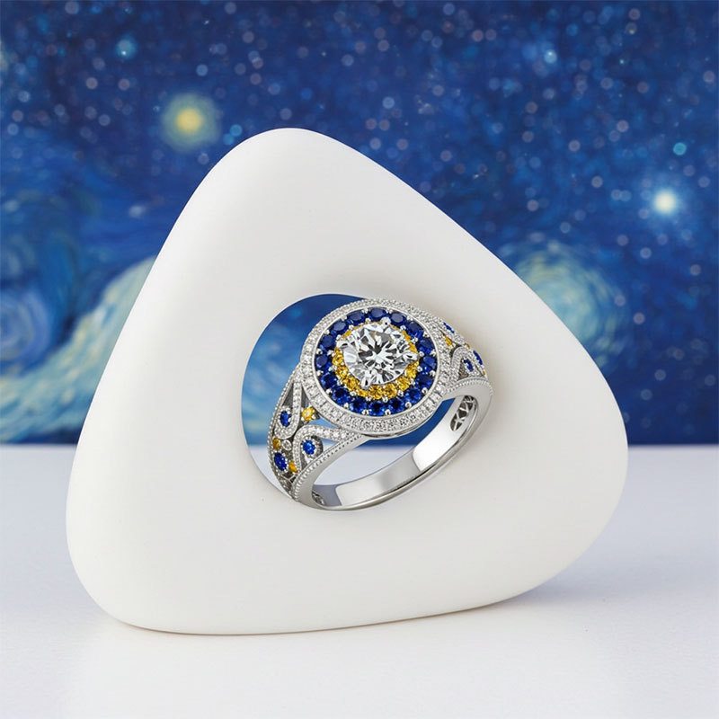 Sotiya Artist Collection Famous Painting Starry Night Triple Halo Round Cut Vintage Engagement Ring Sterling Silver-Sotiya