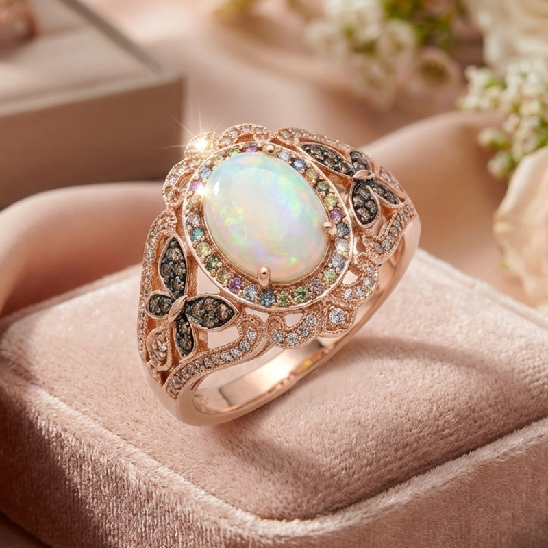 Sotiya Butterfly Colorful Halo Opal Oval Cut Coffee Engagement Ring Sterling Silver-Sotiya