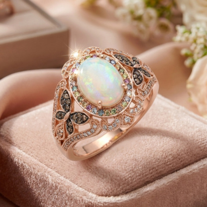 Sotiya Butterfly Colorful Halo Opal Oval Cut Coffee Engagement Ring Sterling Silver-Sotiya