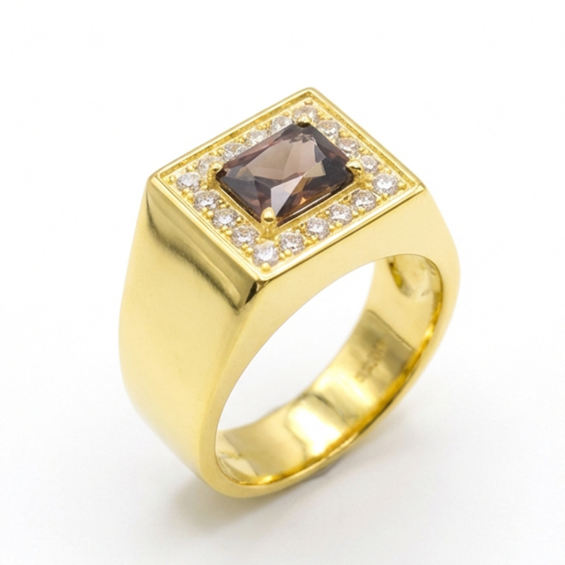 Sotiya Halo Rec Radiant Cut Coffee Gold Plated Men's Promise Ring Sterling Silver-Sotiya