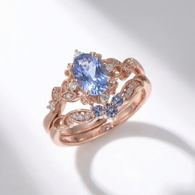 Sotiya Vintage Cornflower Aquamarine Blue Oval Fantasy Starbrite Cut Wedding Bridal Ring Set Sterling Silver-Sotiya