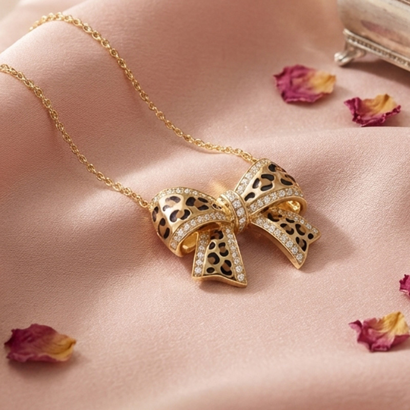 Sotiya Leopard Print Bowknot Enamel Necklace Sterling Silver-Sotiya