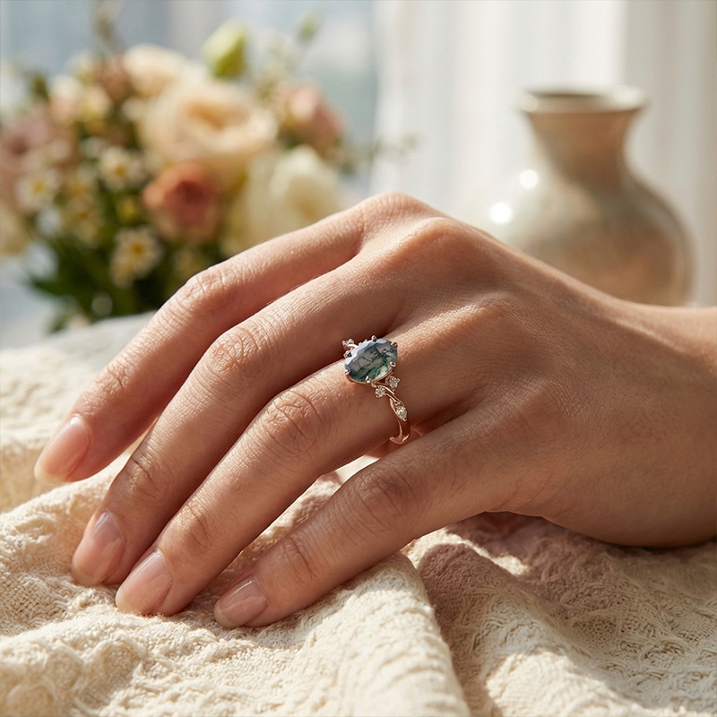 Sotiya Twisted Vine Moss Agate Oval Cut Engagement Ring Sterling Silver-Sotiya