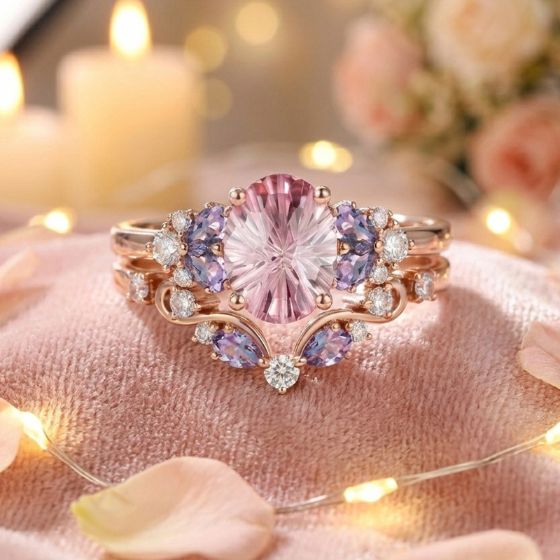 Sotiya Sidestones Cluster Pink Oval Fantasy Starbrite Cut Wedding Bridal Ring Set Sterling Silver-Sotiya