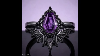 Sotiya Vintage Gothic Bat Amethyst Coffin Cut Wedding Bridal Ring Set Sterling Silver