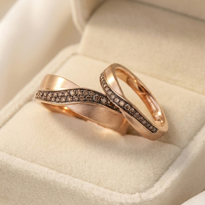 Sotiya Wave-shaped Round Cut Coffee Couple Rings Sterling Silver-Sotiya