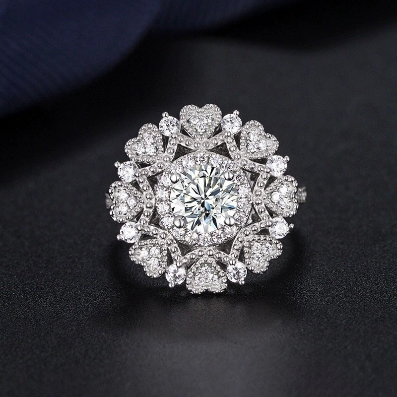 Sotiya Milgrain Cluster Heart Halo Round Cut Engagement Ring Sterling Silver-Sotiya