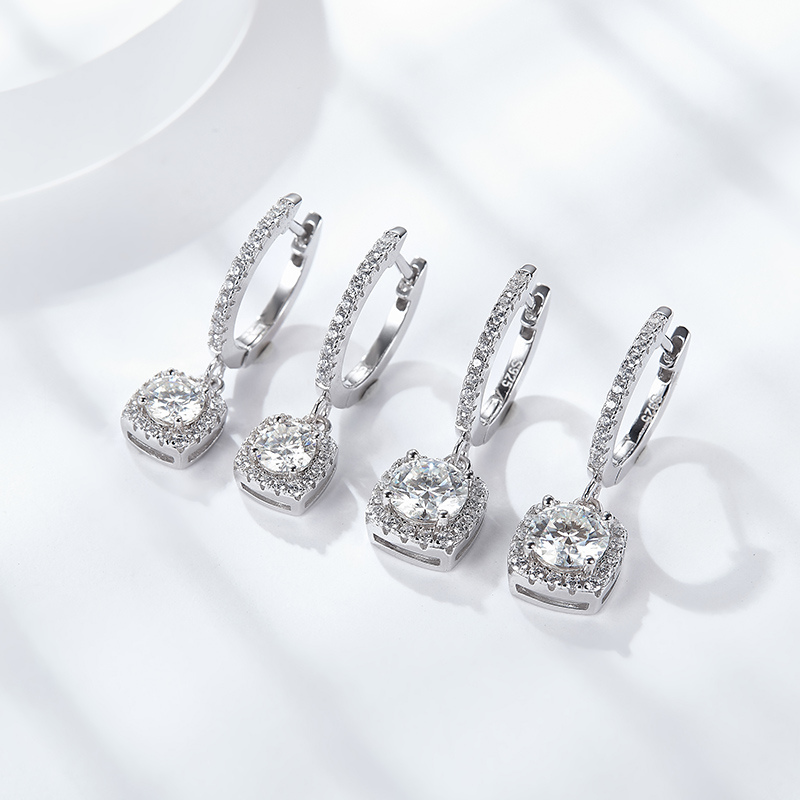 Sotiya Square Halo Design Round Cut Moissanite Drop Earrings Sterling Silver-Sotiya