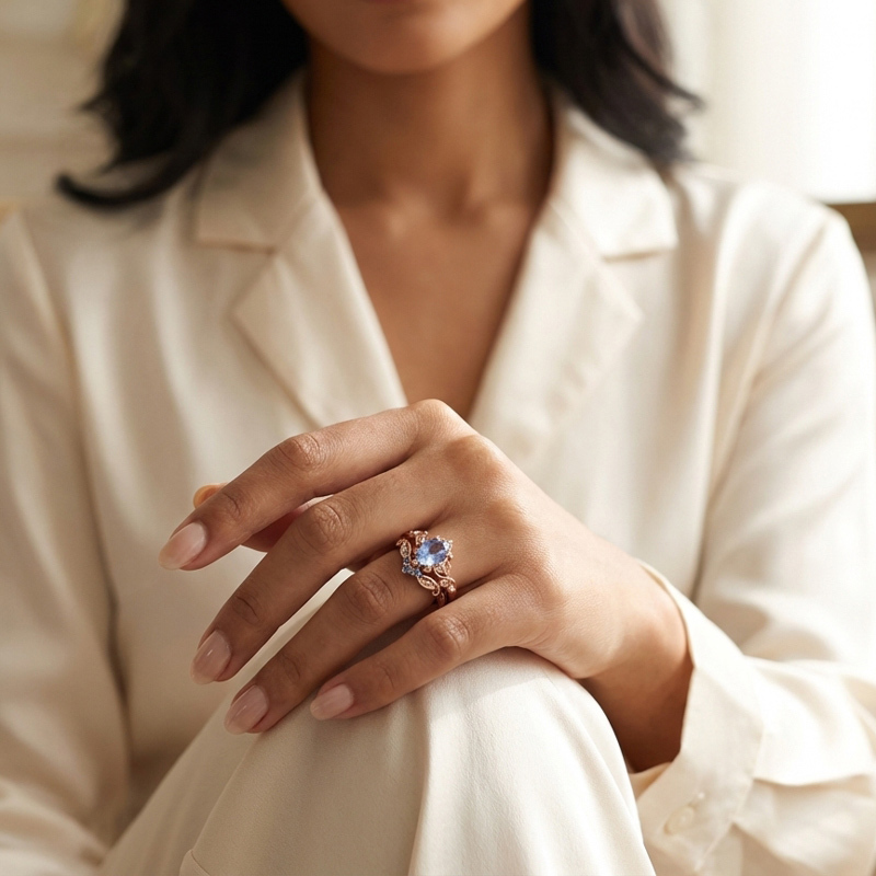 Sotiya Vintage Cornflower Aquamarine Blue Oval Fantasy Starbrite Cut Wedding Bridal Ring Set Sterling Silver-Sotiya