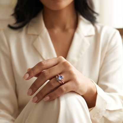 Sotiya Vintage Cornflower Aquamarine Blue Oval Fantasy Starbrite Cut Wedding Bridal Ring Set Sterling Silver-Sotiya