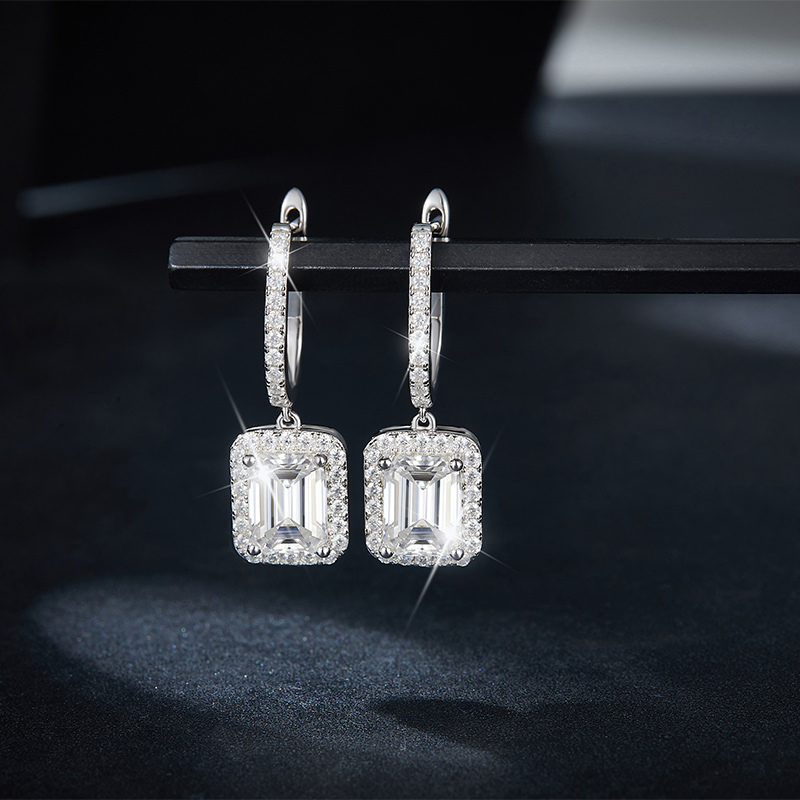 Sotiya Halo Emerald Cut Moissanite Drop Earrings Sterling Silver-Sotiya