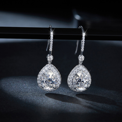 Sotiya Halo Pear Cut Moissanite Drop Earrings Sterling Silver-Sotiya