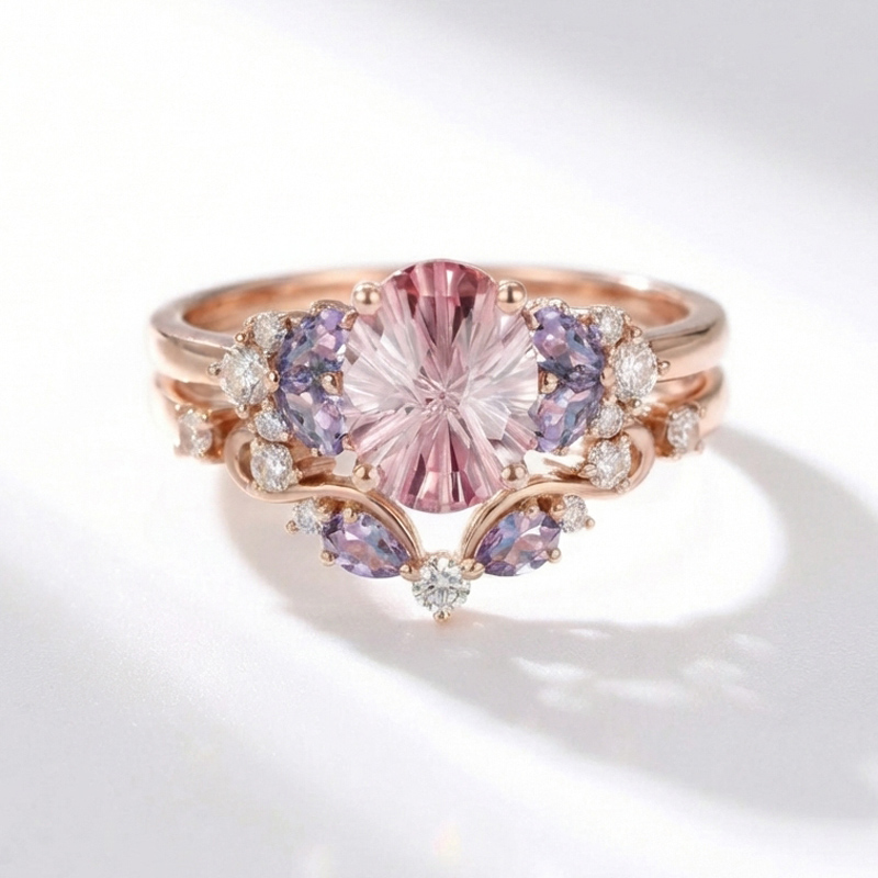 Sotiya Sidestones Cluster Pink Oval Fantasy Starbrite Cut Wedding Bridal Ring Set Sterling Silver-Sotiya