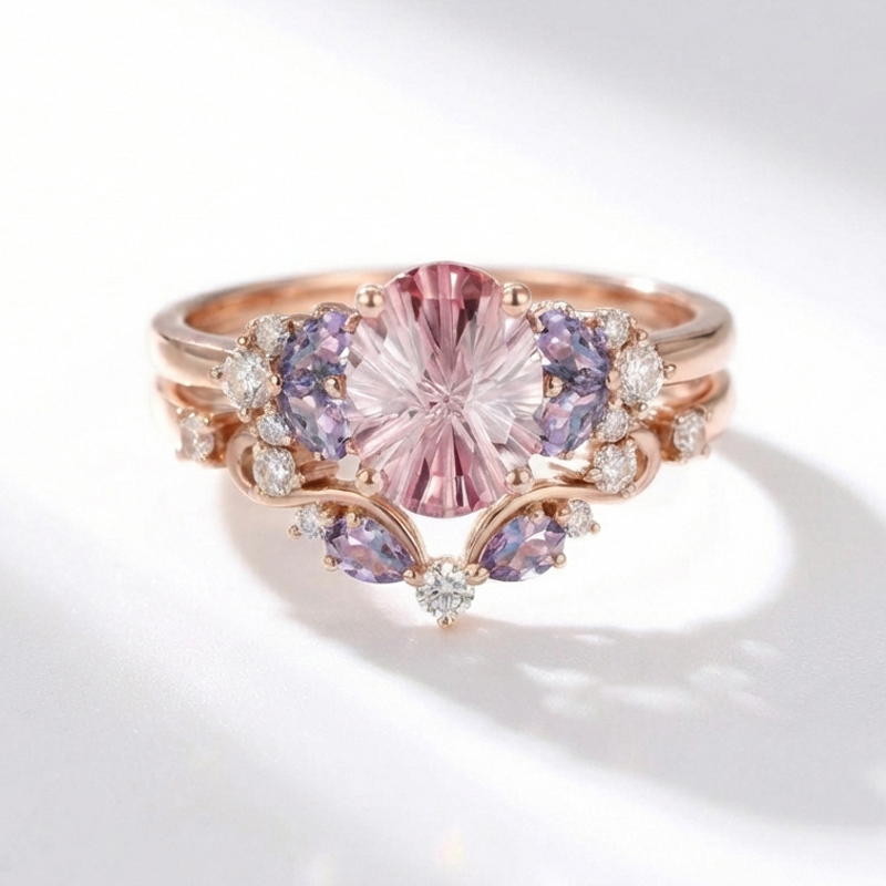 Sotiya Sidestones Cluster Pink Oval Fantasy Starbrite Cut Wedding Bridal Ring Set Sterling Silver-Sotiya