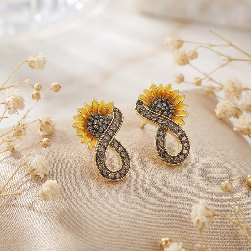 Sotiya Artist Collection Coffee Sunflower Infinity Enamel Stud Earrings Sterling Silver-Sotiya