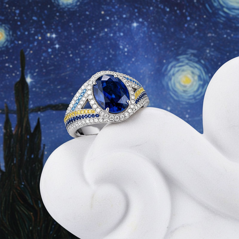 Sotiya Artist Collection Famous Painting Starry Night Halo Oval Cut Engagement Ring Sterling Silver-Sotiya