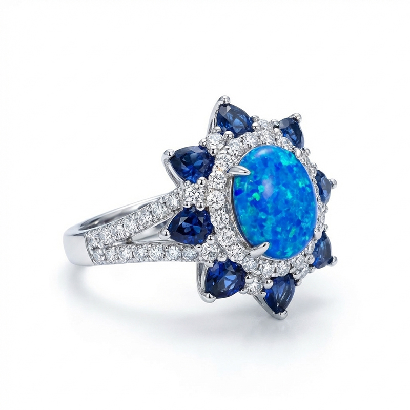 Sotiya Halo Oval Cut Lab Grown Opal Engagement Ring Sterling Silver