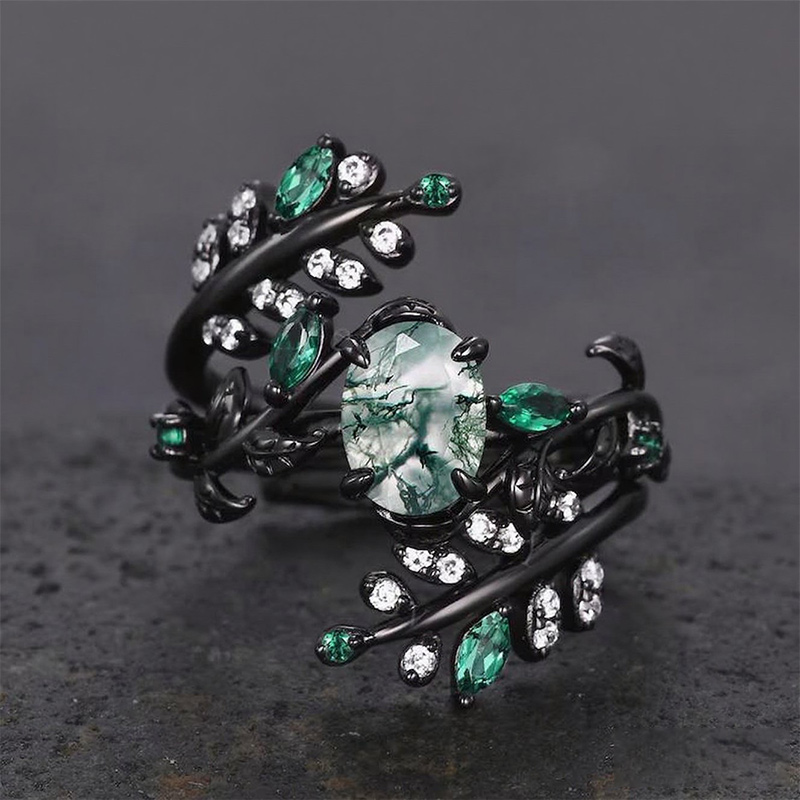Sotiya Vintage Nature Inspired Oval Cut Green Moss Agate Enhancer Wedding Bridal Ring Set Sterling Silver-Sotiya