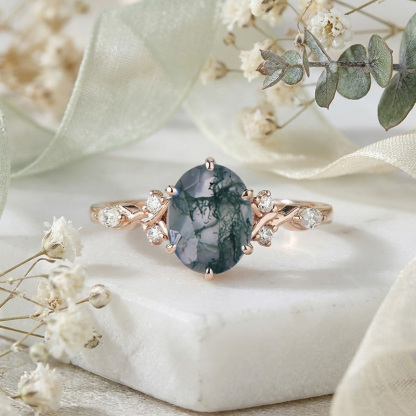 Sotiya Twisted Vine Moss Agate Oval Cut Engagement Ring Sterling Silver-Sotiya