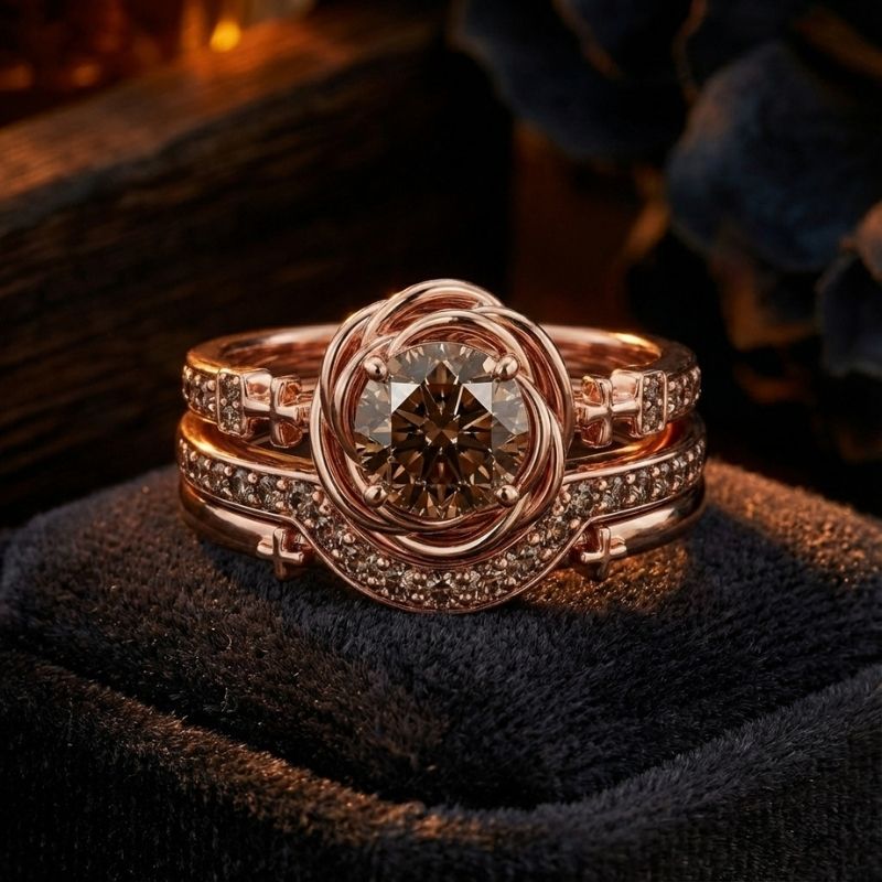 Sotiya 3PC Rose Design Faith Cross Coffee Round Cut Wedding Bridal Ring Set Sterling Silver-Sotiya