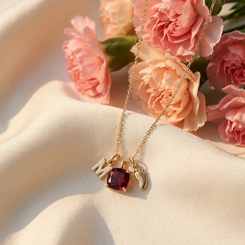 Sotiya 12 Birthstones Mom Feet Design Cushion Cut Necklace Sterling Silver