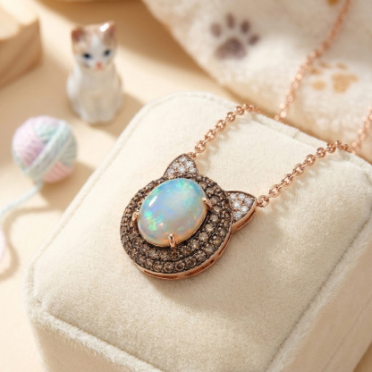 Sotiya Cat Design Double Halo Opal Oval Cut Coffee Necklace Sterling Silver-Sotiya
