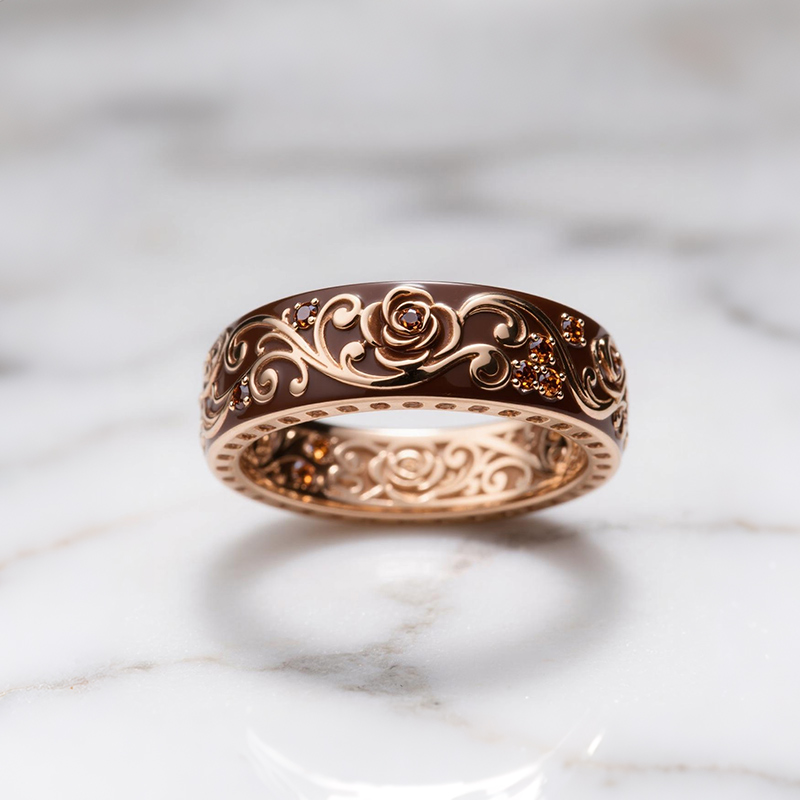 Sotiya Victorian Rococo Flower Enamel Round Cut Coffee Women's Wedding Ring Sterling Silver-Sotiya